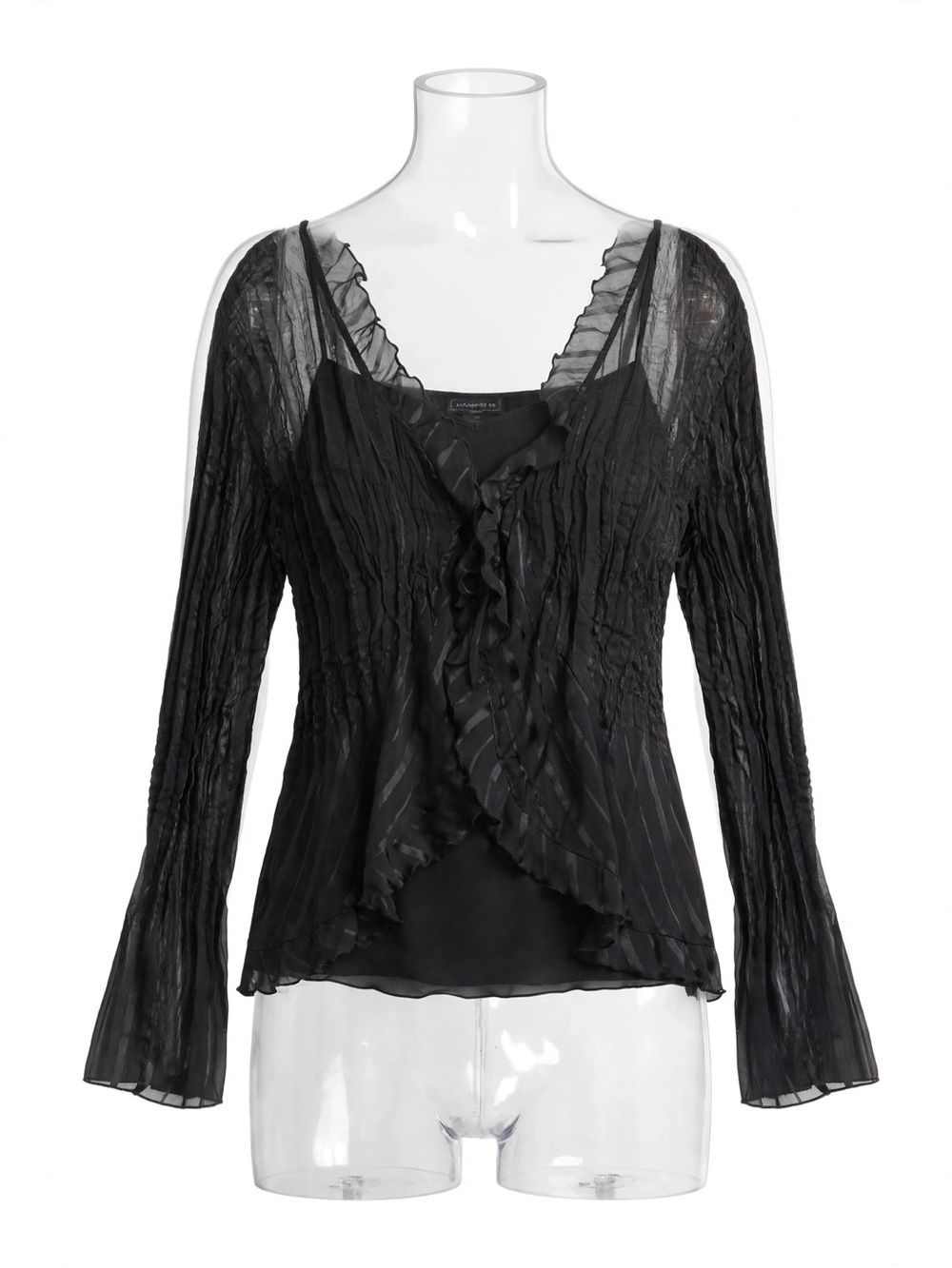 Elementz Black Ruffled Sheer Long-Sleeve Blouse and Cami